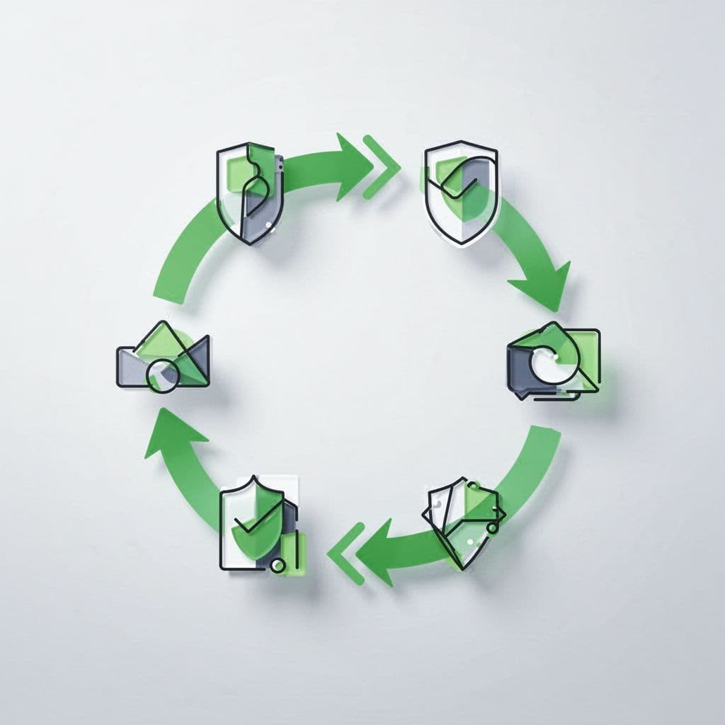 Circular diagram with four icons for scoping, discovery, validation, and remediation, connected by green arrows on light grey background.
