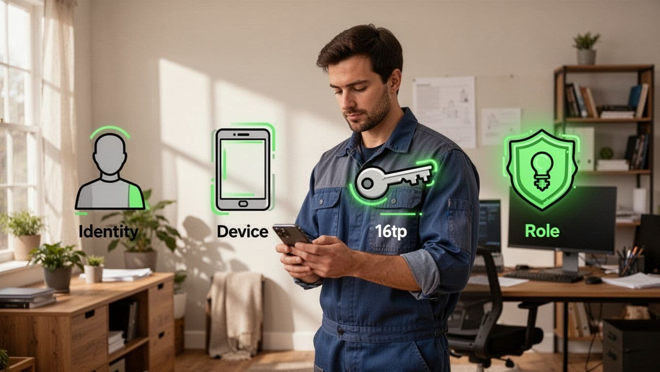Illustration shows step-by-step contractor onboarding with checkmark icons for verification, enrollment, access grant, role assignment; central figure holds phone for MFA in home office.