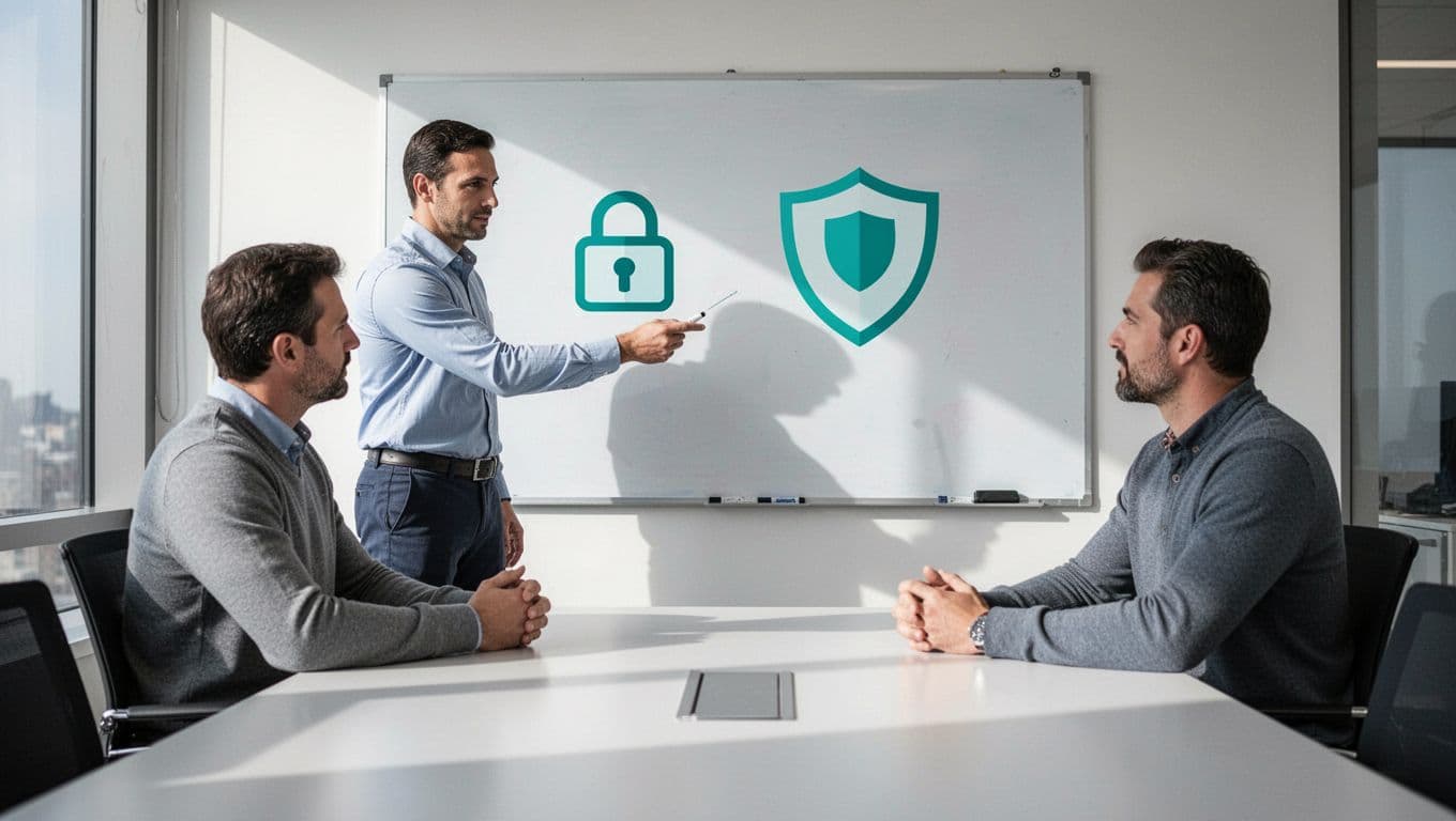 Five diverse contractors sit around a conference table listening to a trainer pointing at a whiteboard with lock and shield icons.
