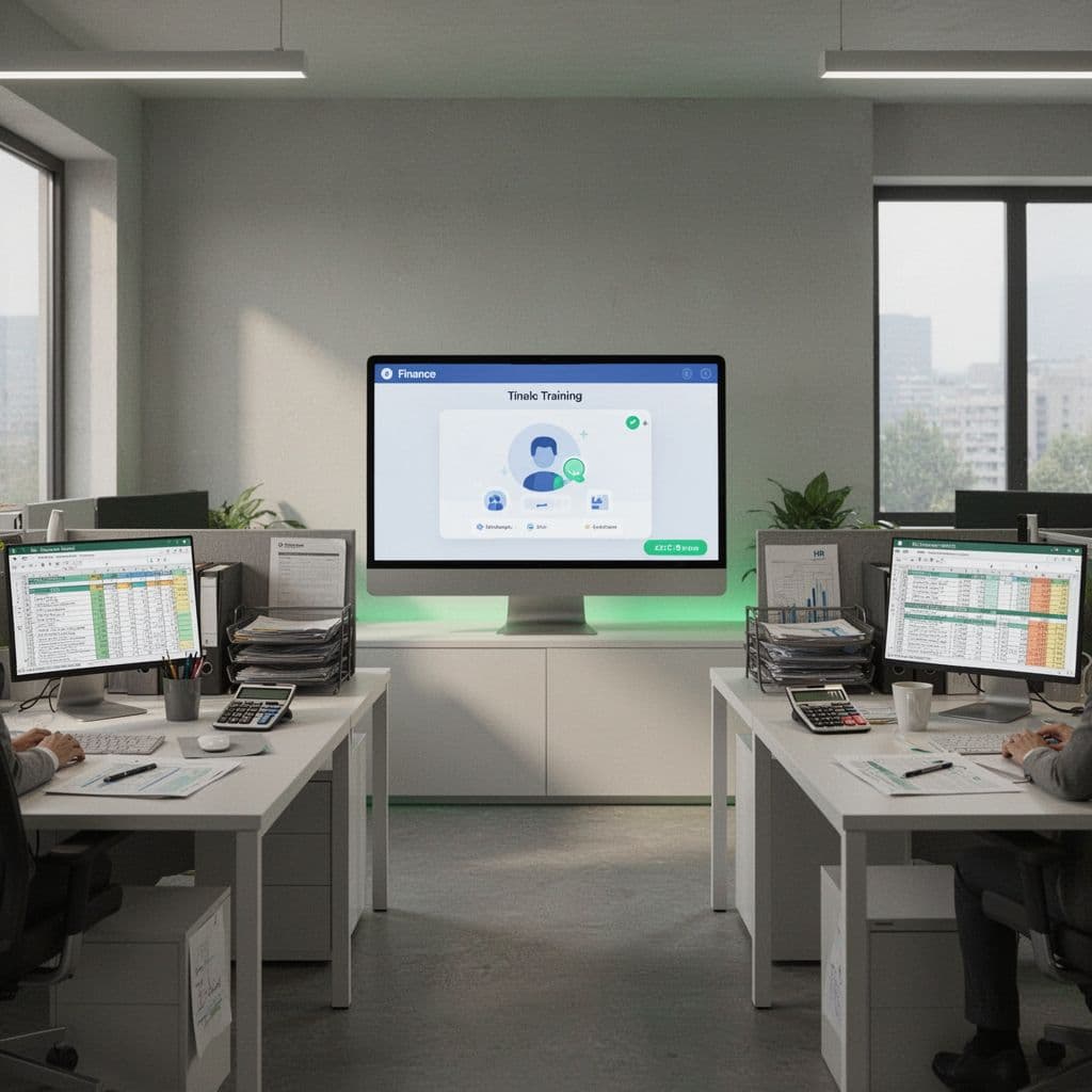 A split illustration showing a generic screen interface separated from icons representing specialized finance and HR office tasks.