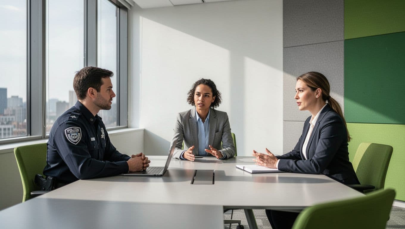 Three professionals engage in a collaborative meeting using clean geometric shapes and green accents.