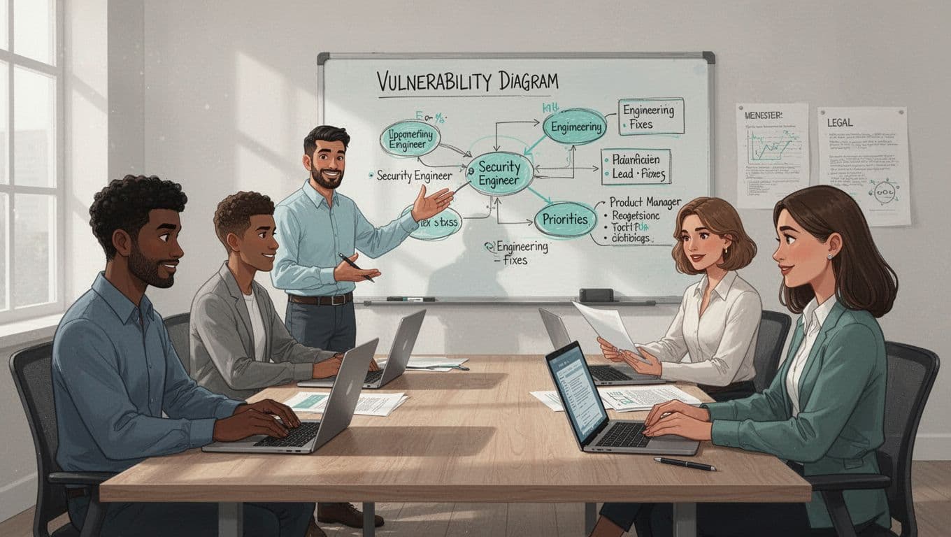 Diverse five-person team collaborates in meeting room using laptops and whiteboard with vulnerability diagram.