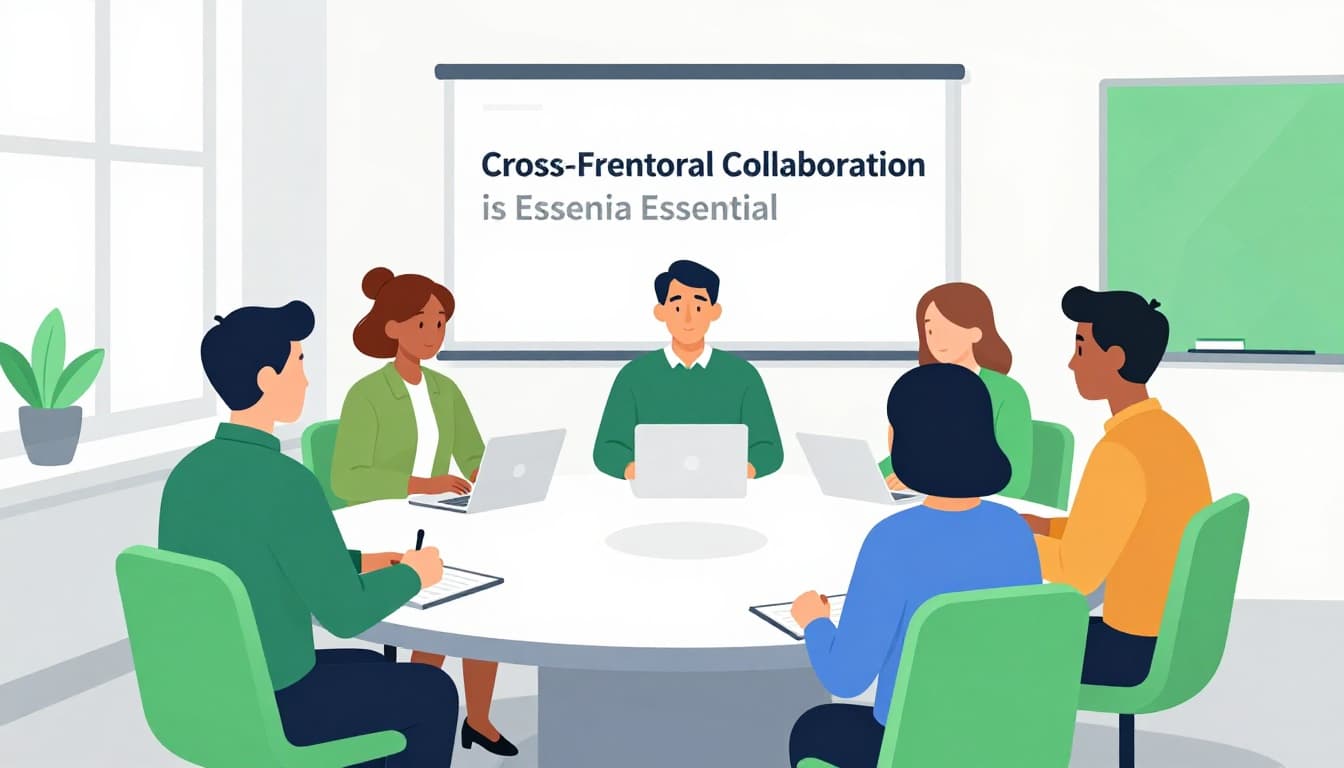 Three professionals collaborate on a project in a modern, organized meeting room setting.