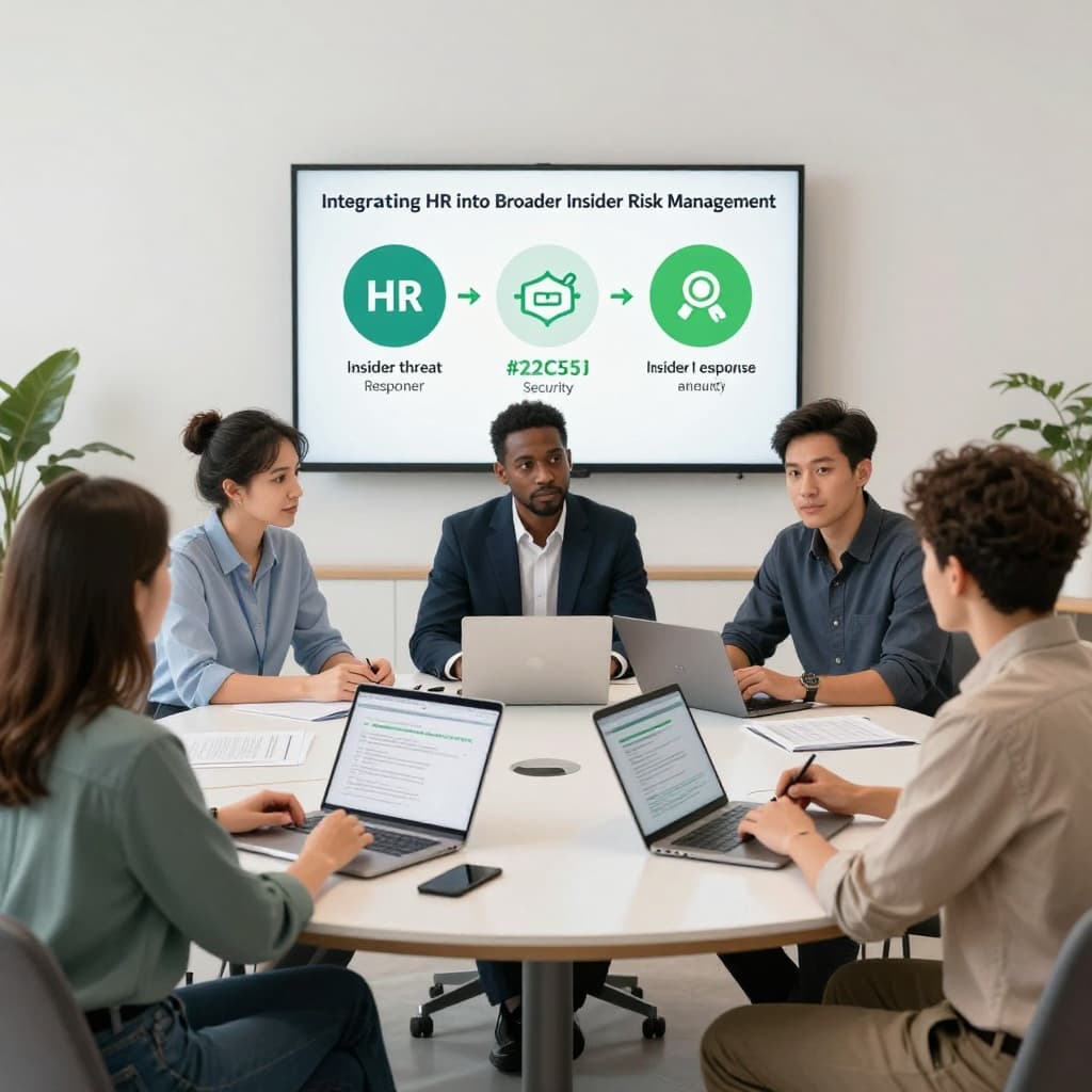 Four diverse professionals at round office table with papers and laptop discuss insider threats.