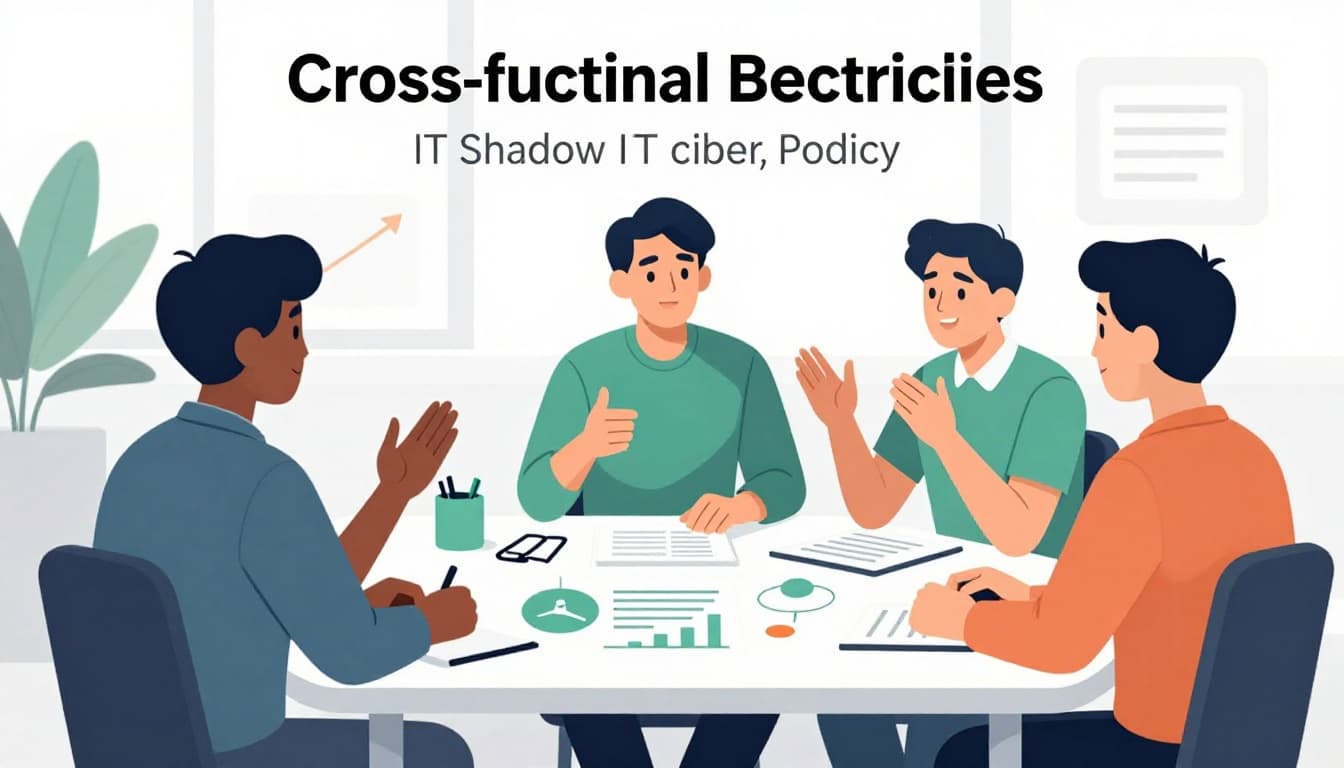 Three professionals at table review charts on shadow IT policy in modern office.