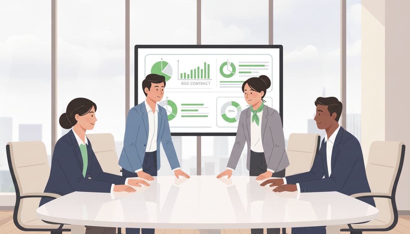 Four diverse professionals—two women, two men—around conference table view projected risk charts with green highlights in modern office.