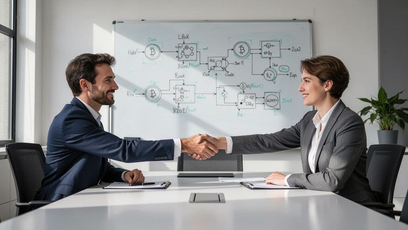 Two professionals across a table discuss crypto diagrams on whiteboard with handshake gesture.