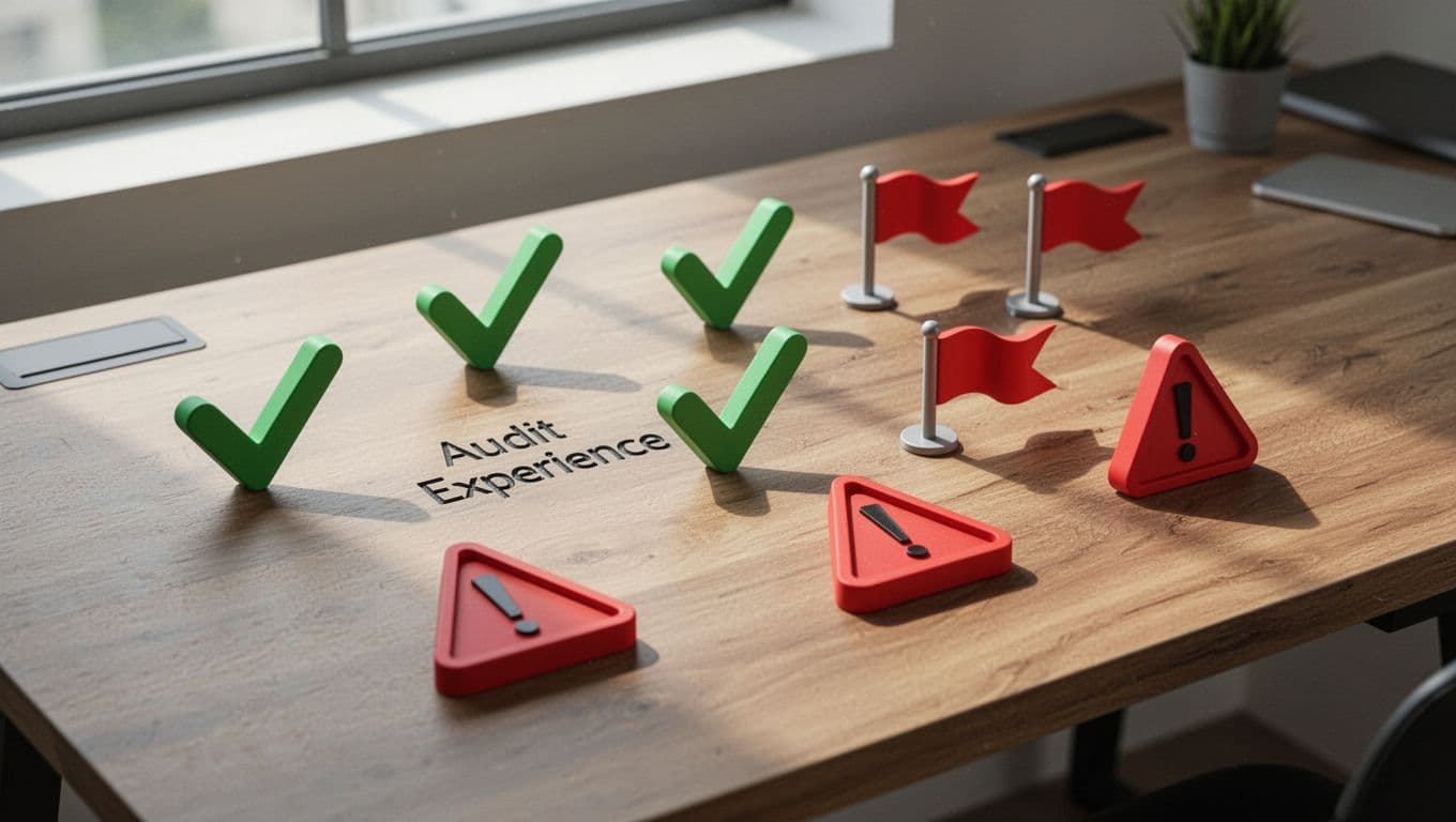 Icons for skills, audit experience, and red flags arranged neatly on a desk with green checkmarks.