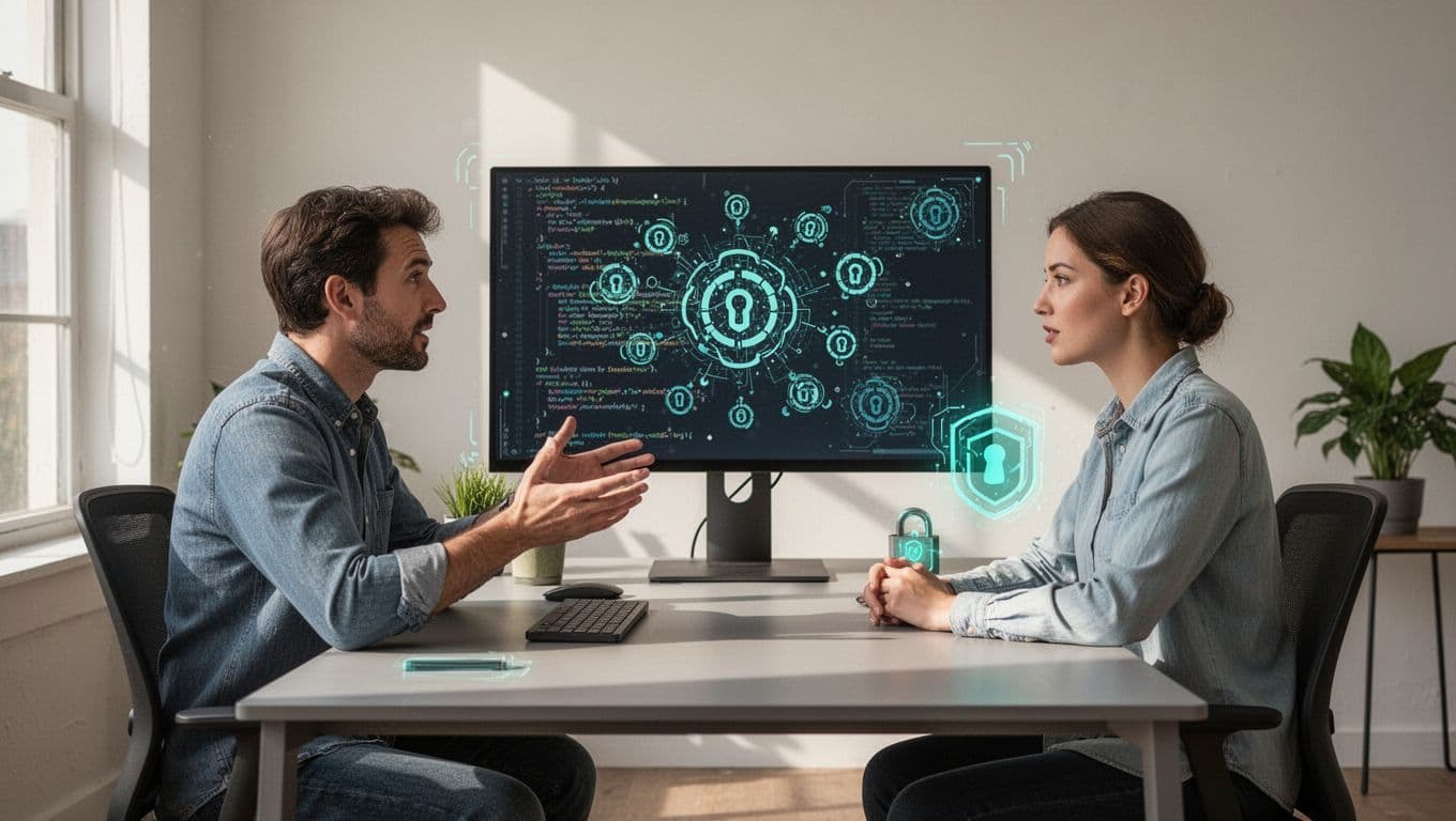 Two professionals in video interview, one reviews code screen with blockchain icons.