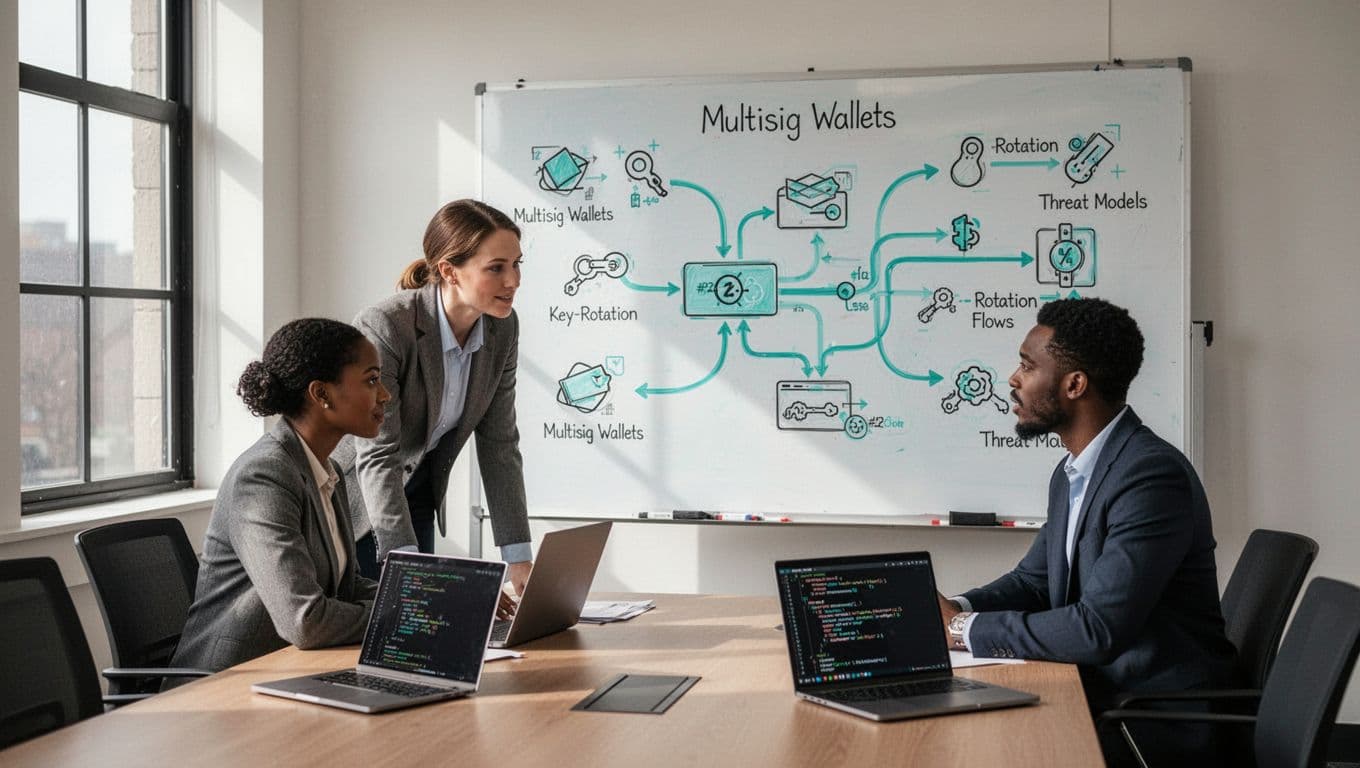 Hiring manager and candidate discuss multisig wallet diagrams on whiteboard in sunlit conference room with laptops showing code.