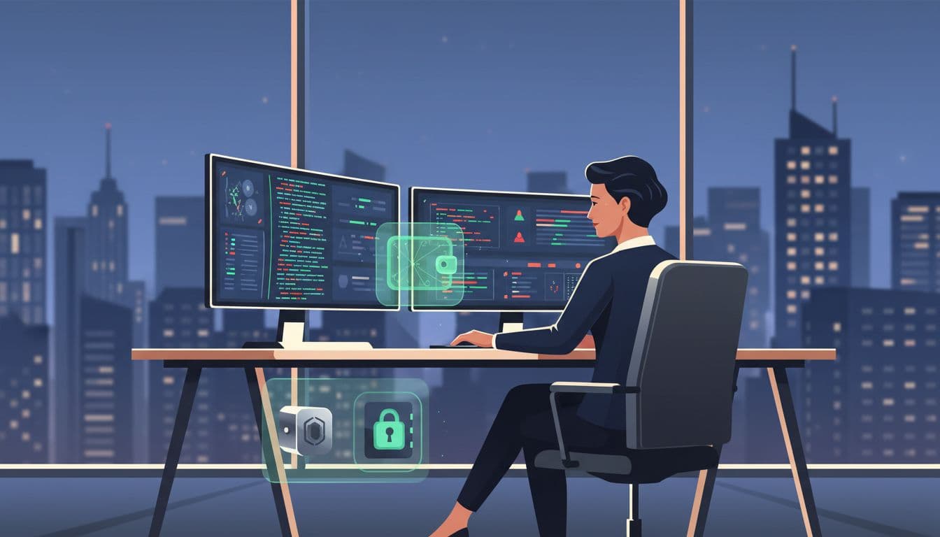 Mid-30s professional seated at modern desk with dual monitors showing blockchain audits and scans, foreground security module and vault icons, city skyline view.