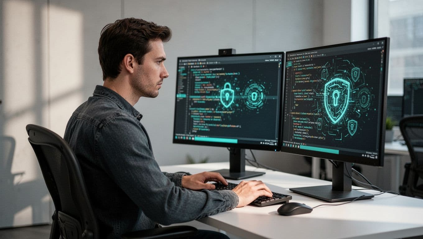 Cryptography engineer at desk reviews code on dual monitors, hand on keyboard, focused in secure office.