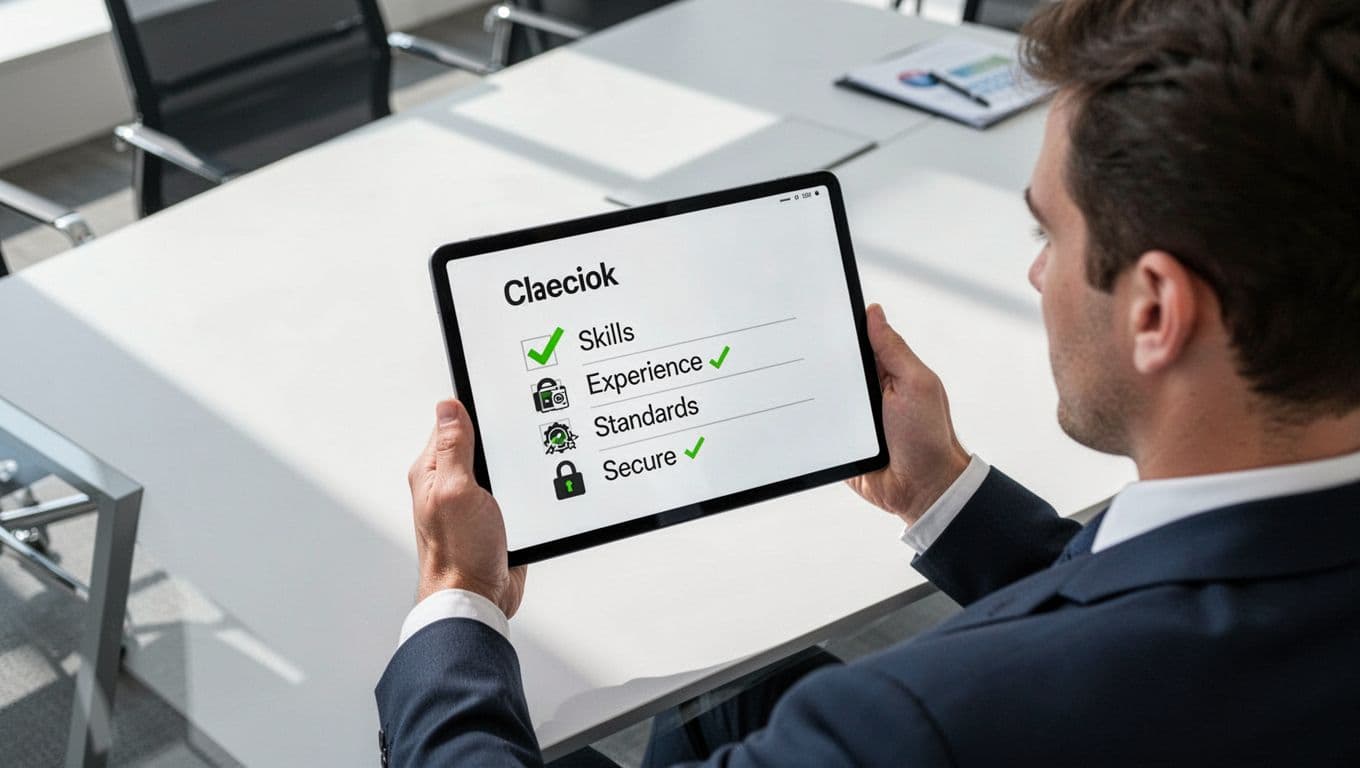 Hand holds digital tablet in meeting room showing checklist icons for skills, experience, standards, and security locks with green checkmarks.