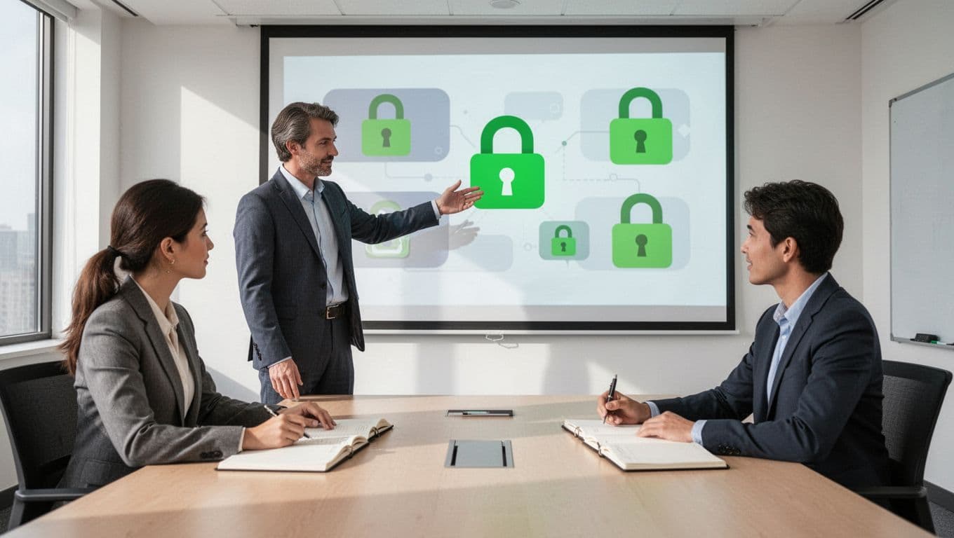 Three customer success managers in bright conference room; one points to projected flowchart with green locks, others seated with notebooks.