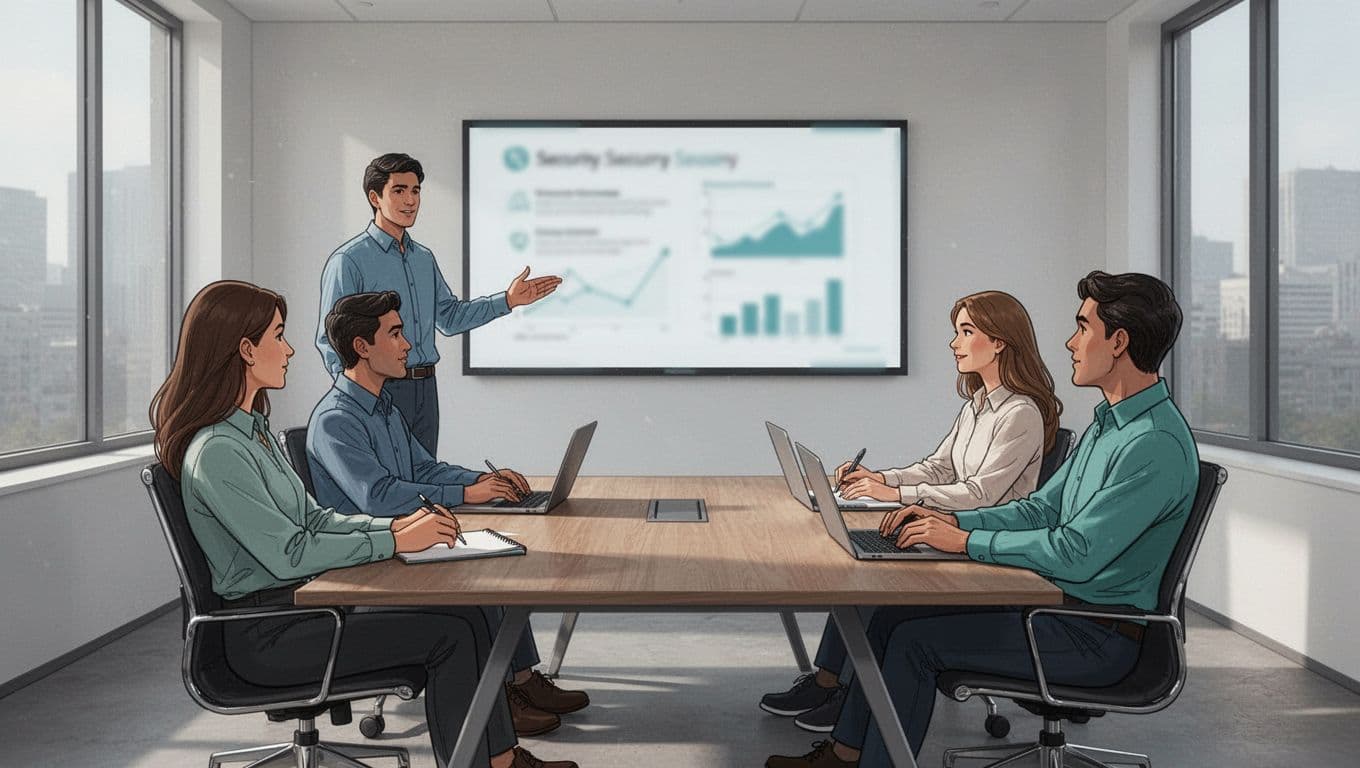 Four-person customer success team in conference room; one stands presenting blurred screen on data security, others seated taking notes.