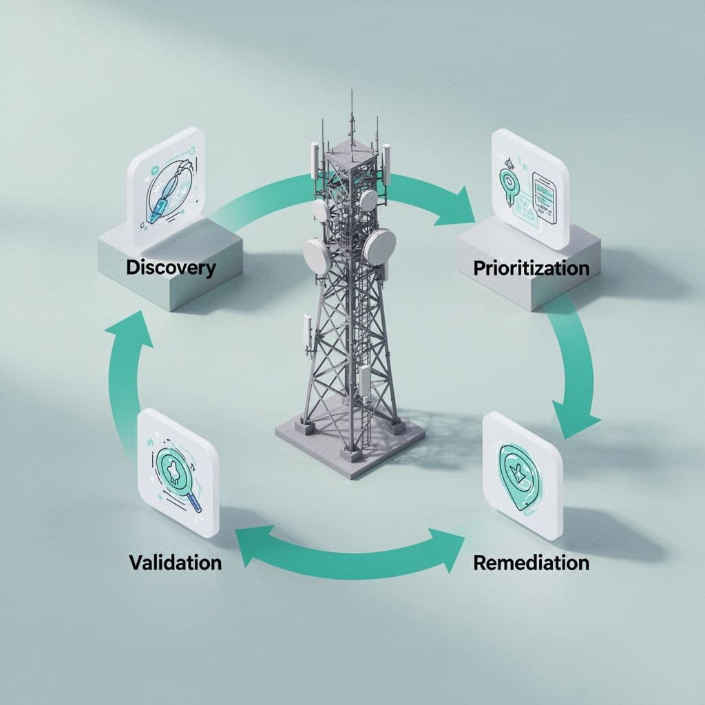 Isometric view of central 5G tower encircled by discover, prioritize, validate, remediate icons linked by green arrows.