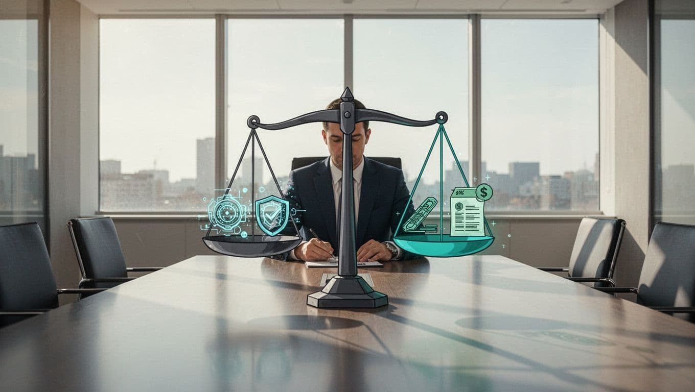Scales balance CTEM icons for exposure management, patching, automation, and cost savings against other spending icons on an executive meeting table.
