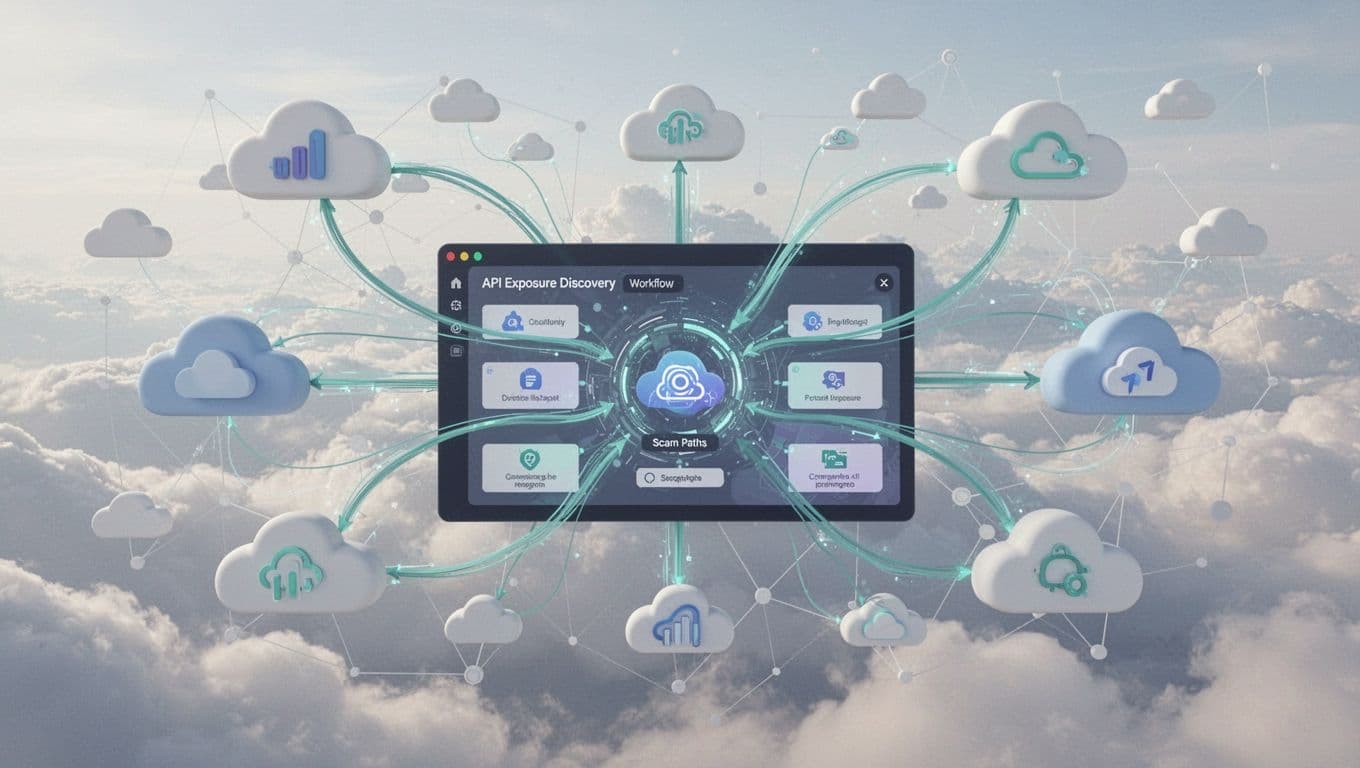 Central dashboard shows workflow scanning API gateways for exposures across cloud icons.
