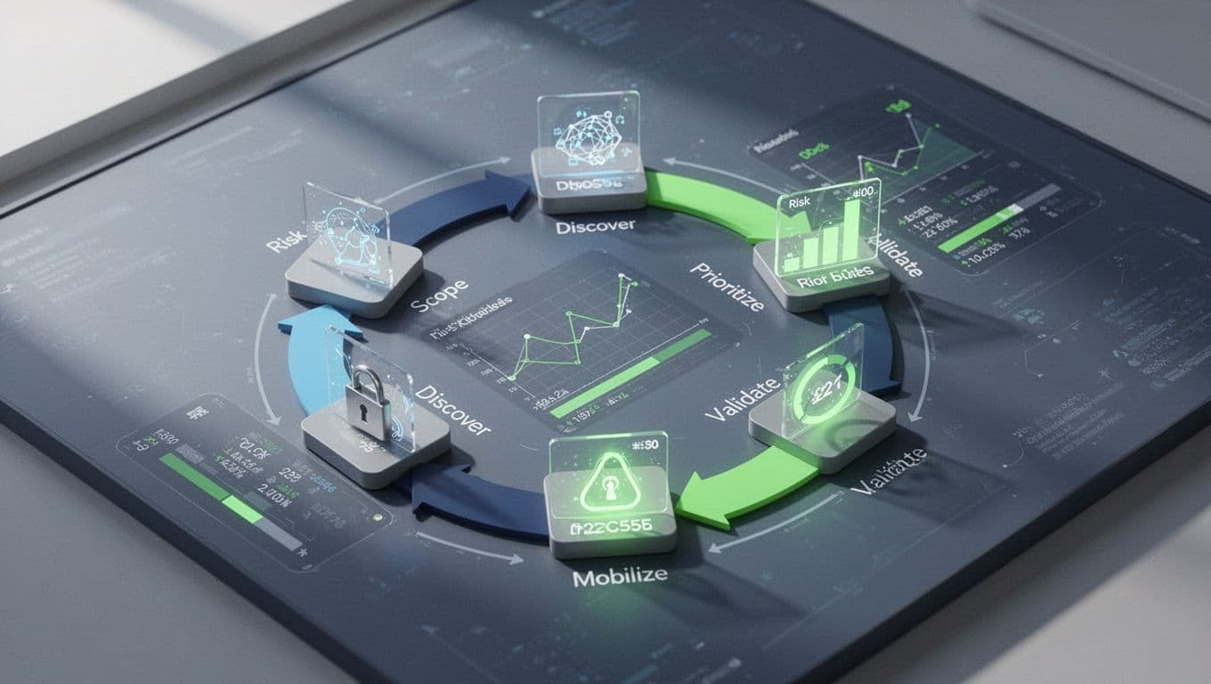 Isometric cybersecurity dashboard shows CTEM workflow cycle with five stage icons and highlighted DDoS risk charts in blues, grays, and green.