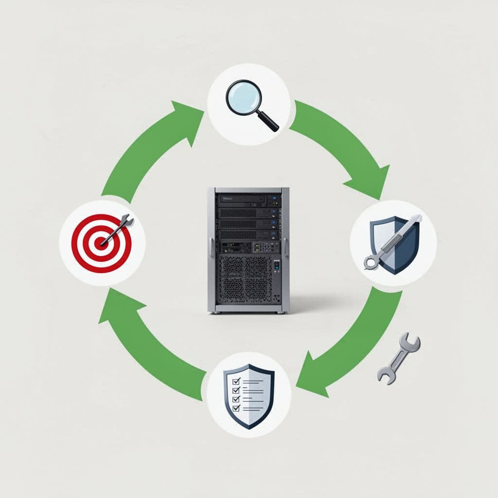 Circular five-step diagram with target, magnifying glass, list, shield, and wrench icons around central legacy server, connected by green arrows.