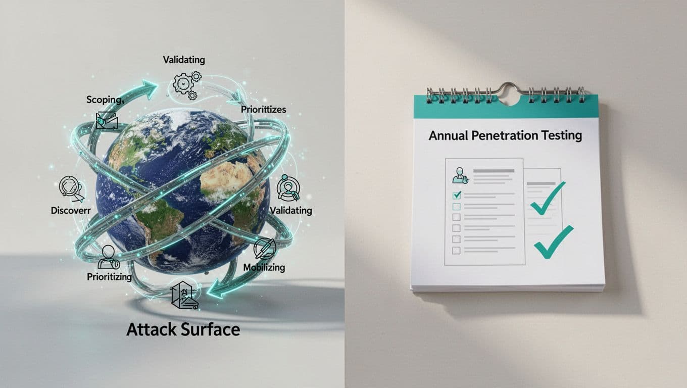 Side-by-side illustration of looping CTEM cycle with icons around globe versus calendar with report and checkmark.