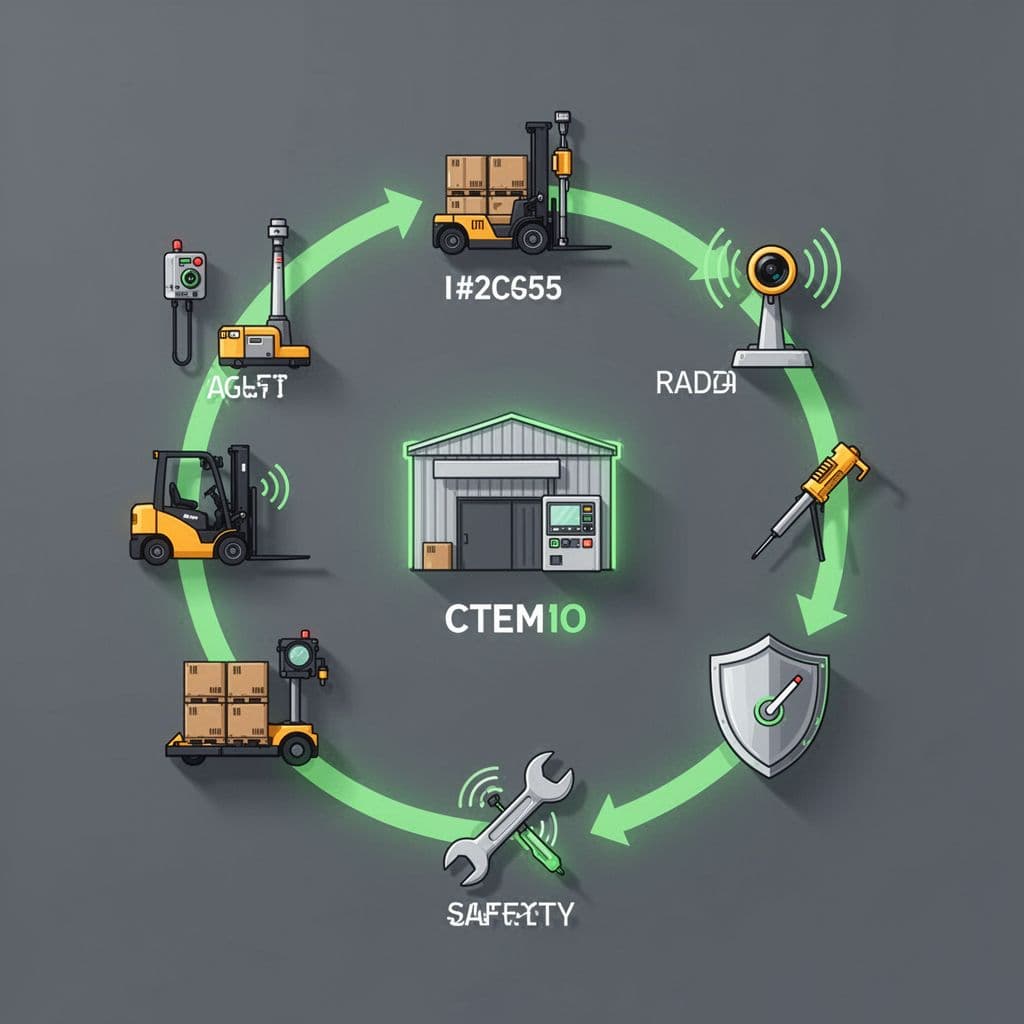 Circular loop with five icons around central warehouse hub: IoT assets, radar, arrow gauge, probe tool, wrench-shield, glowing green path.