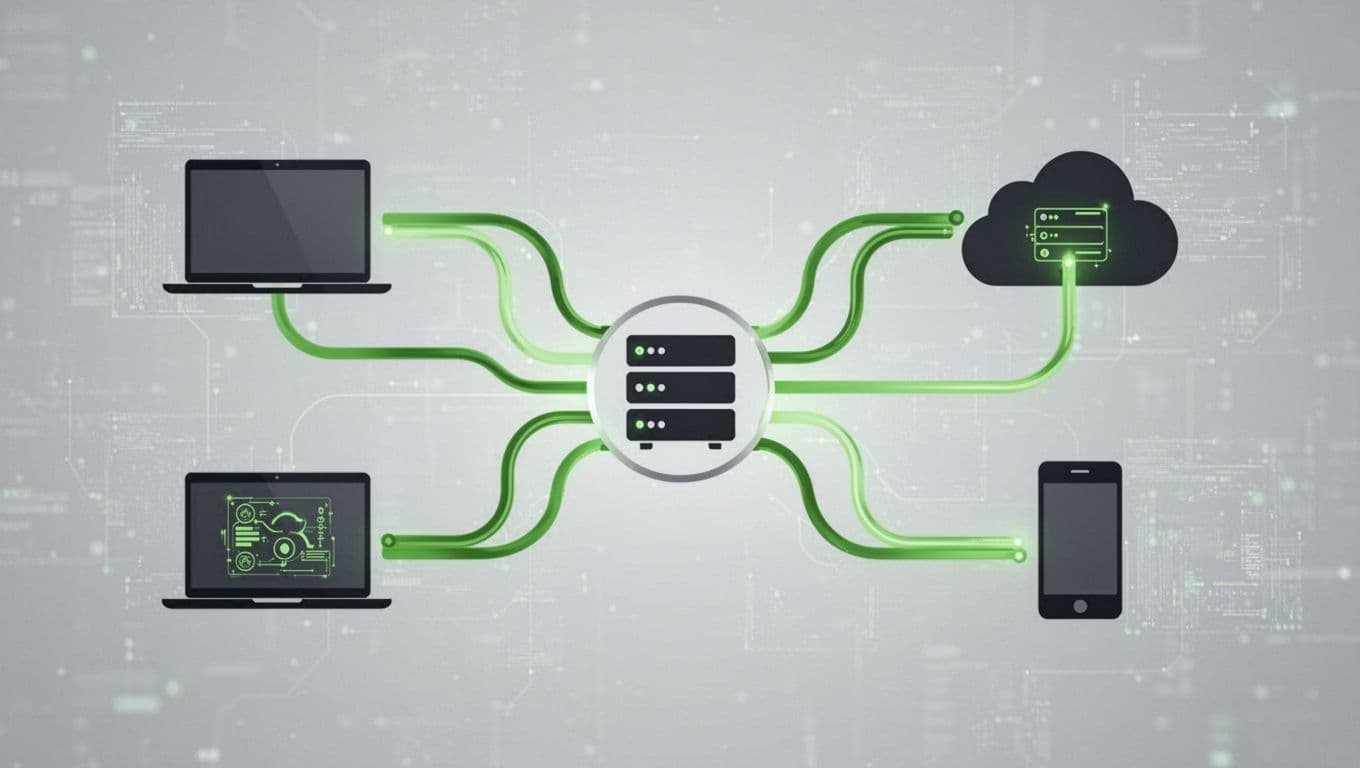 Central hub connects MDM, EDR, CTEM platforms to laptops and cloud servers via green arrows and icons.