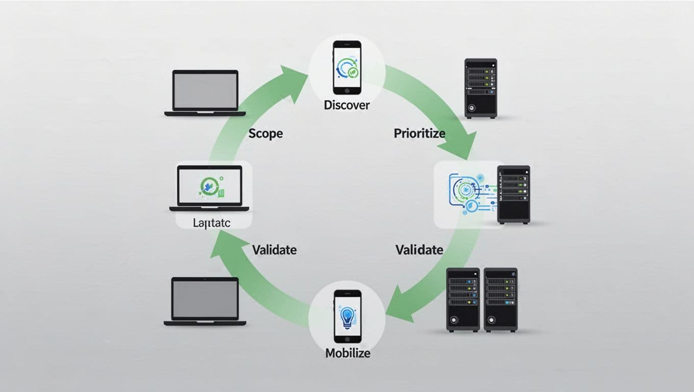 Circular diagram with five icons for scope, discover, prioritize, validate, mobilize connected by green arrows, surrounded by laptop, mobile, server icons.