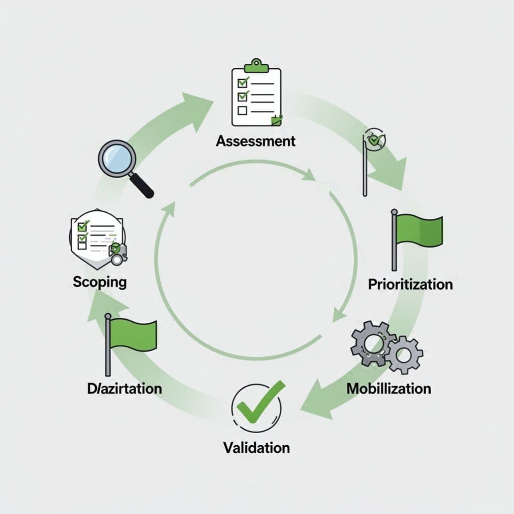 Circular diagram shows five CTEM phases with icons for scoping, assessment, prioritization, validation, and mobilization, linked by green-accented arrows.
