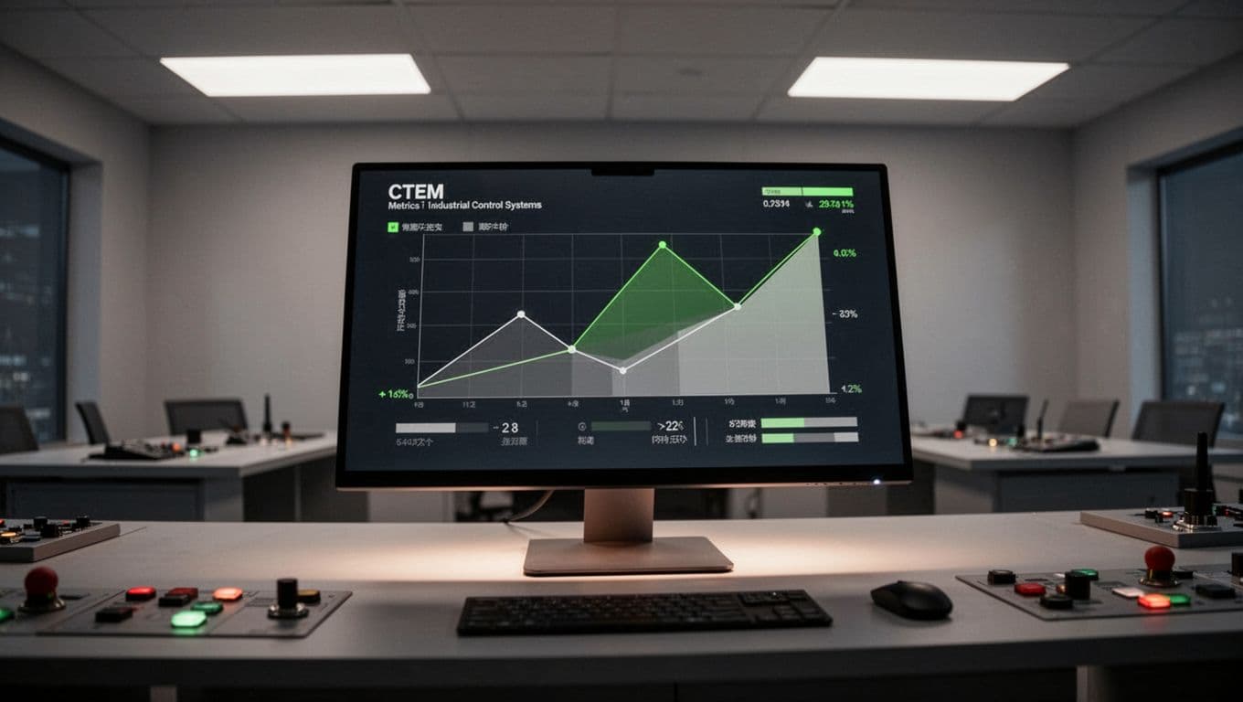 Angled dashboard screen on control room desk shows CTEM metrics including exposure scores and remediation trends in green tones.