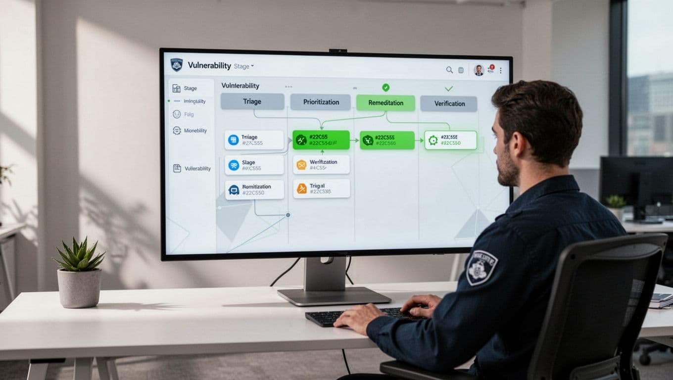 Security analyst at desk reviews central Jira kanban board with CTEM vulnerabilities in triage, prioritize, remediate, verify stages.