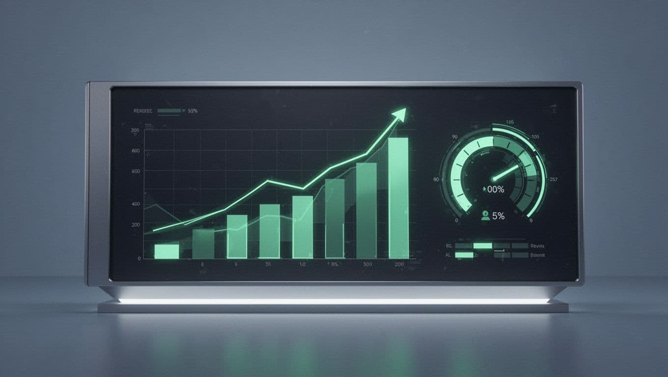 Illustration of KPI dashboard with rising green bar charts and gauges on blue-gray background.