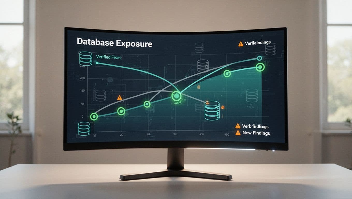Dashboard on curved screen shows downward-trending exposed database graphs, green badges, alert icons, and Elasticsearch PostgreSQL symbols.
