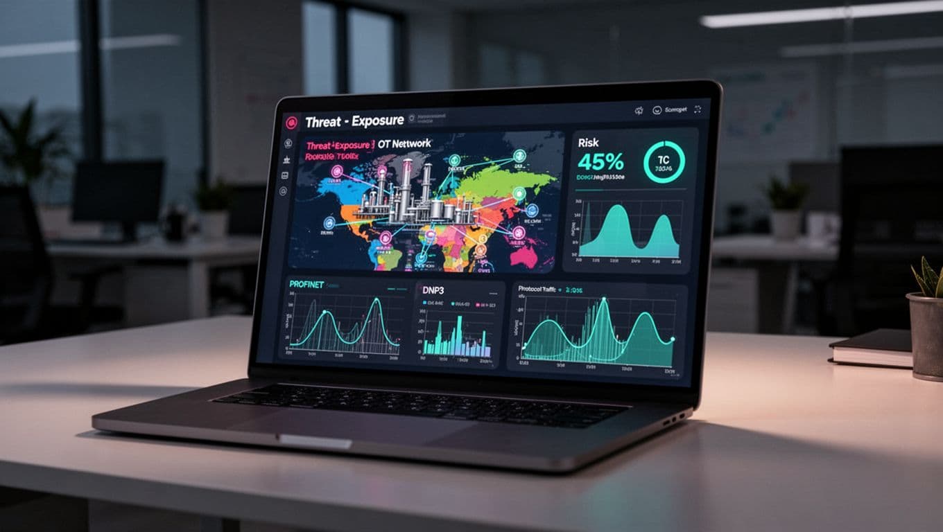 Laptop on desk in dim office displays security dashboard with OT threat map and protocol graphs.