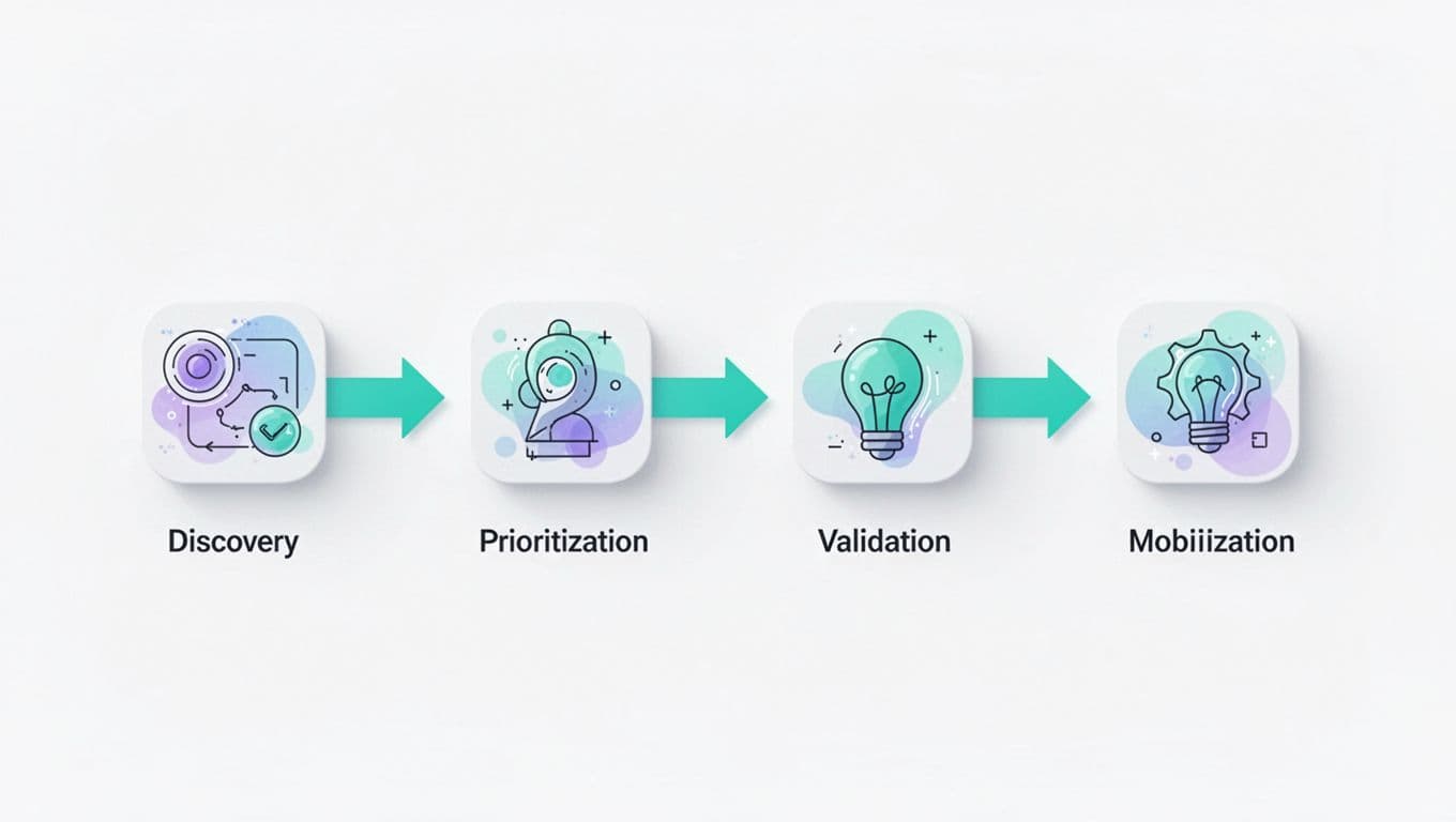Horizontal flowchart with four stage icons connected by green arrows on white background.