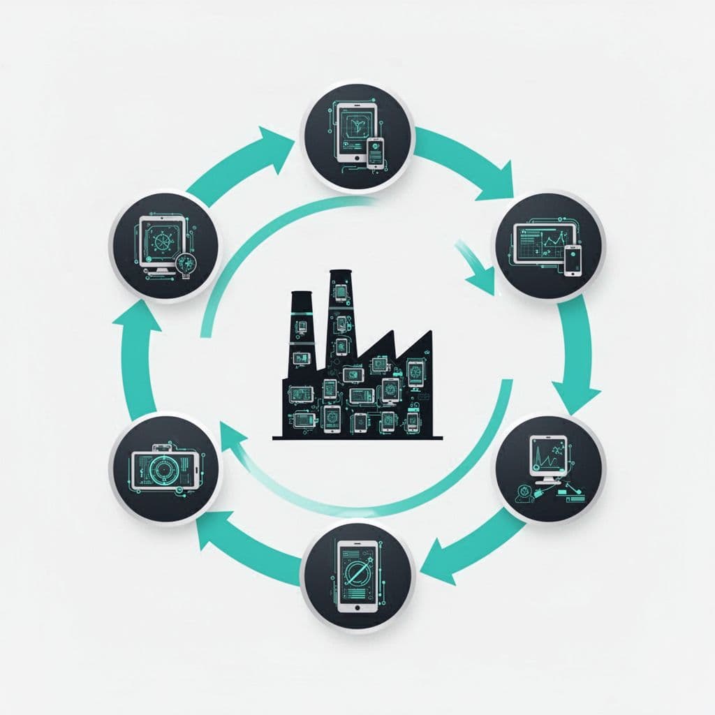 Circular diagram with five phase icons around central factory icon featuring embedded devices.