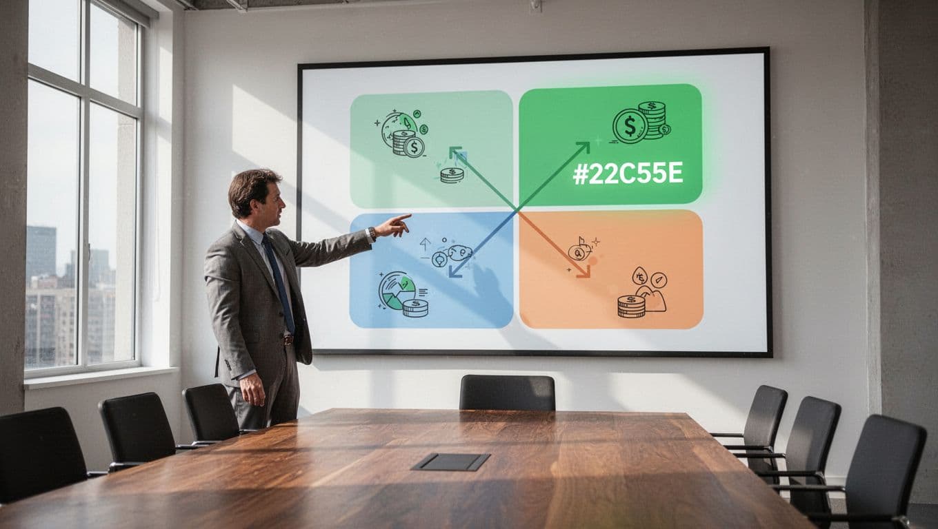 Analyst points to matrix with risk impact and cost efficiency axes, quadrants with icons, green accents, and pie chart in conference room.