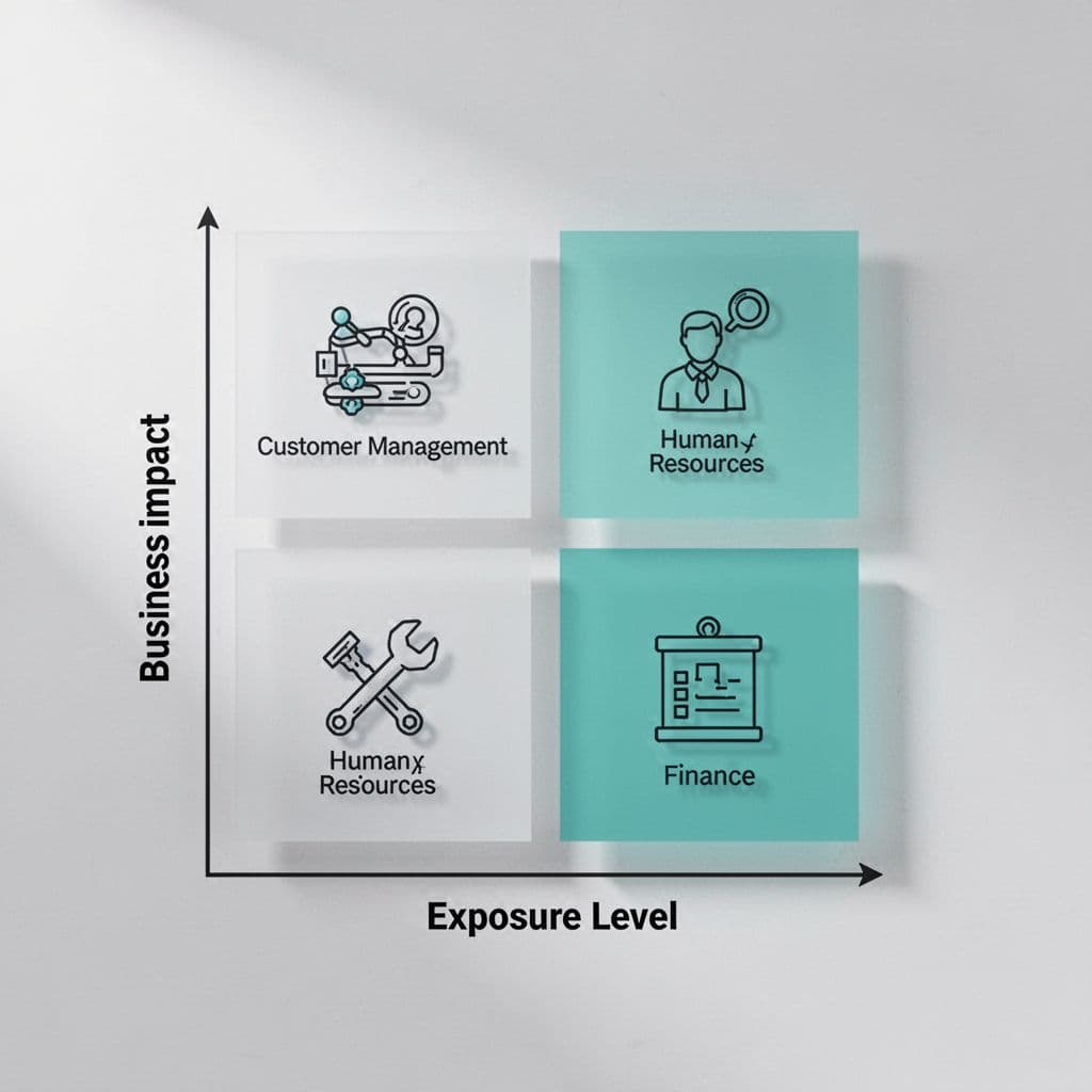 Quadrant chart with business impact and exposure level axes, icons for CRM, HR, finance tools in quadrants, green low-risk area.