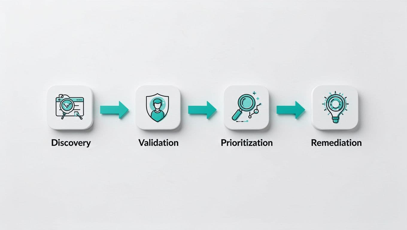 Flowchart depicts CTEM stages of discovery, validation, prioritization, and remediation connected by green-accented arrows on white background.