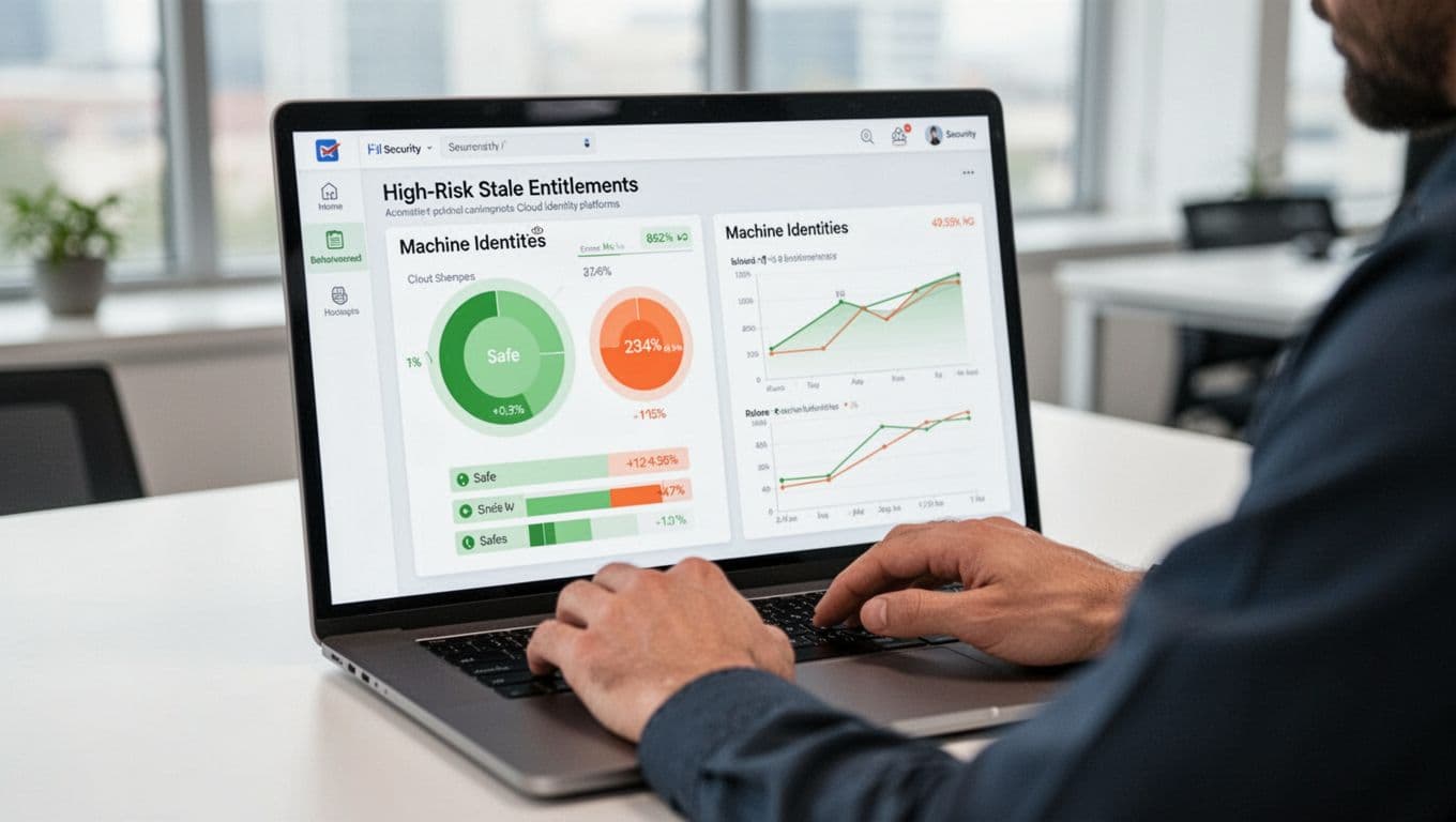 Laptop screen displays dashboard charts of high-risk entitlements and identities in Okta, GCP IAM, PAM with green safe zones and orange risks, hands on keyboard in office.