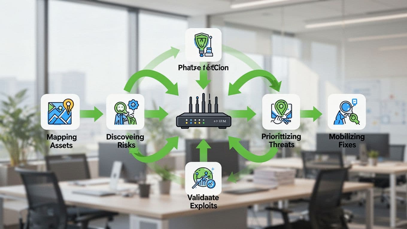 Five sequential icons for CTEM steps connected by green arrows around central edge device hub on soft office background.