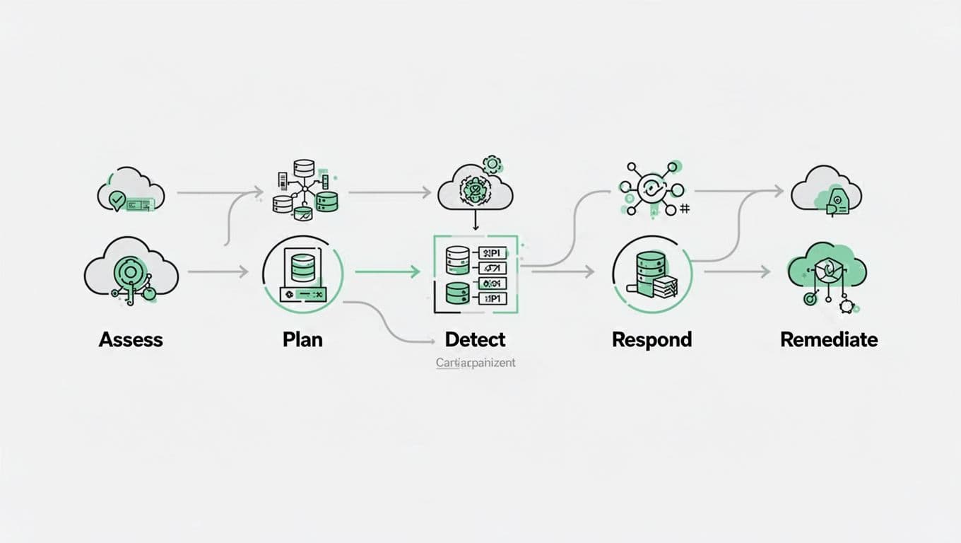 Linear flowchart shows CTEM steps from assess to remediate connected by arrows with SaaS cloud and API icons.