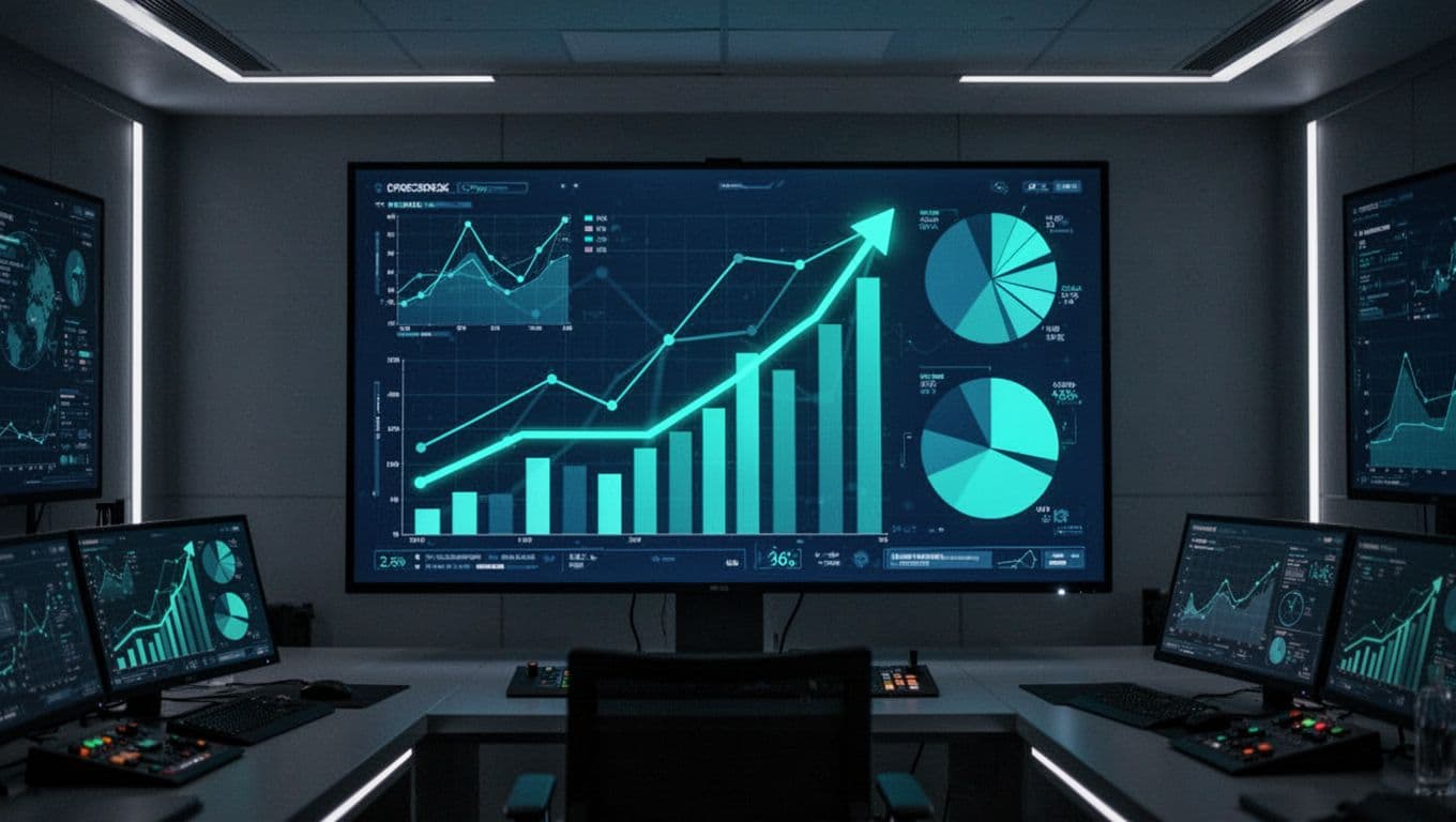 Large monitor in dim modern control room displays abstract blue and green charts, bars, lines, and pies with green highlights on rising trends.
