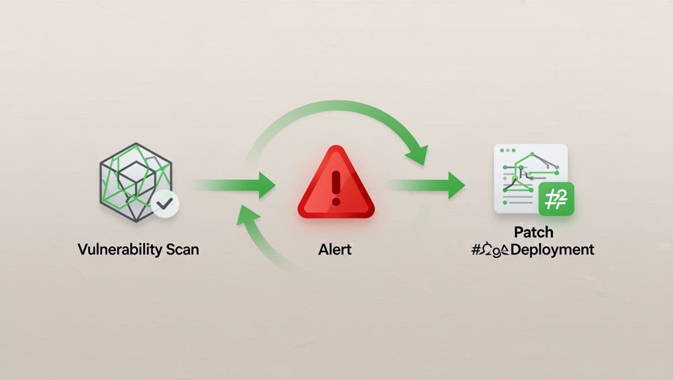 Icons of vulnerability scan, SIEM alert, and cloud patch deployment connected by green arrows on neutral background.