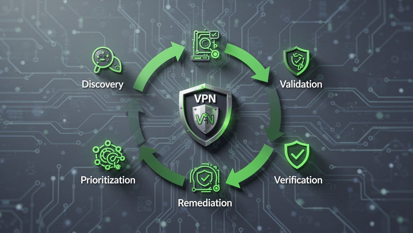 Flowchart with icons for discovery, validation, prioritization, remediation, and verification stages connected by arrows around central VPN gateway on abstract tech background.