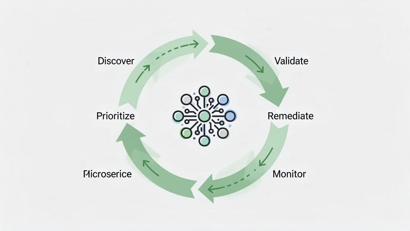 Cycle diagram with discover, prioritize, validate, remediate, monitor steps connected by green arrows around central Kubernetes microservices icon.