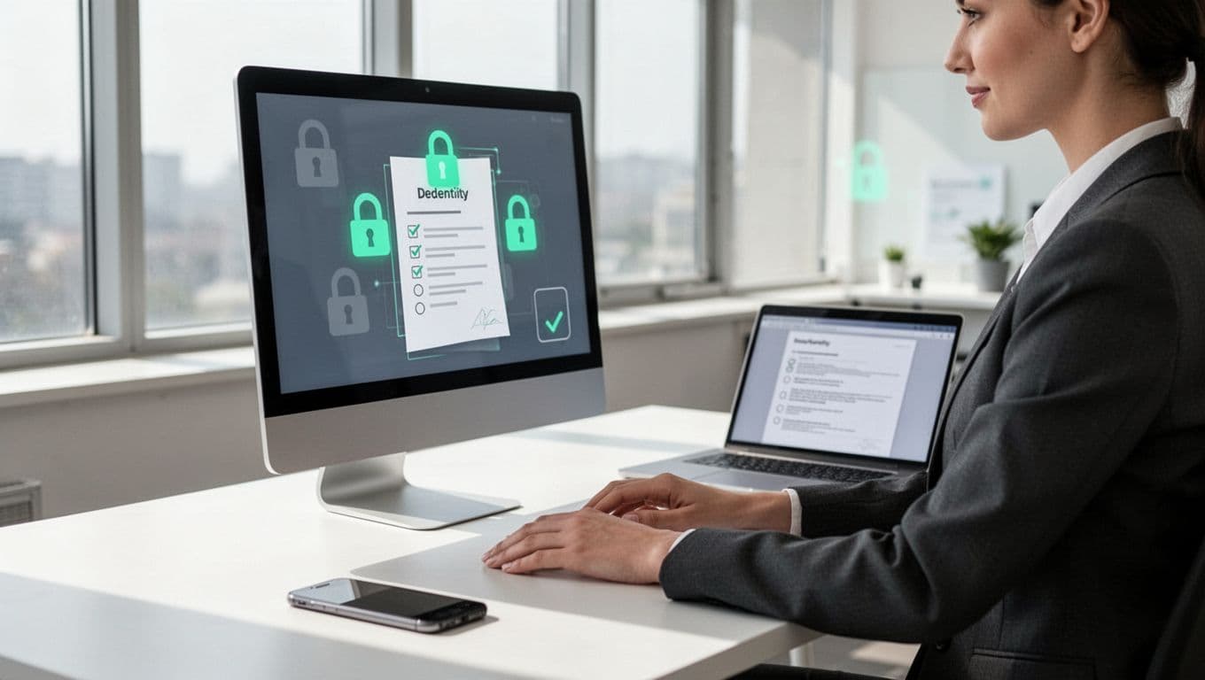 Customer support agent at desk verifies identity on computer screen with lock icons and document checks, laptop and phone nearby.