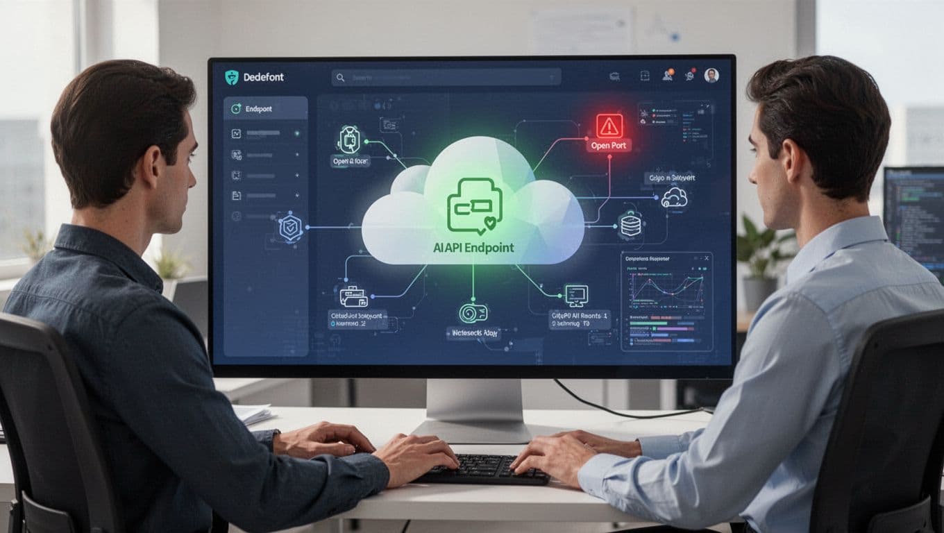 Cybersecurity analyst at desk monitors dashboard highlighting exposed AI API endpoint in cloud network with green alert.