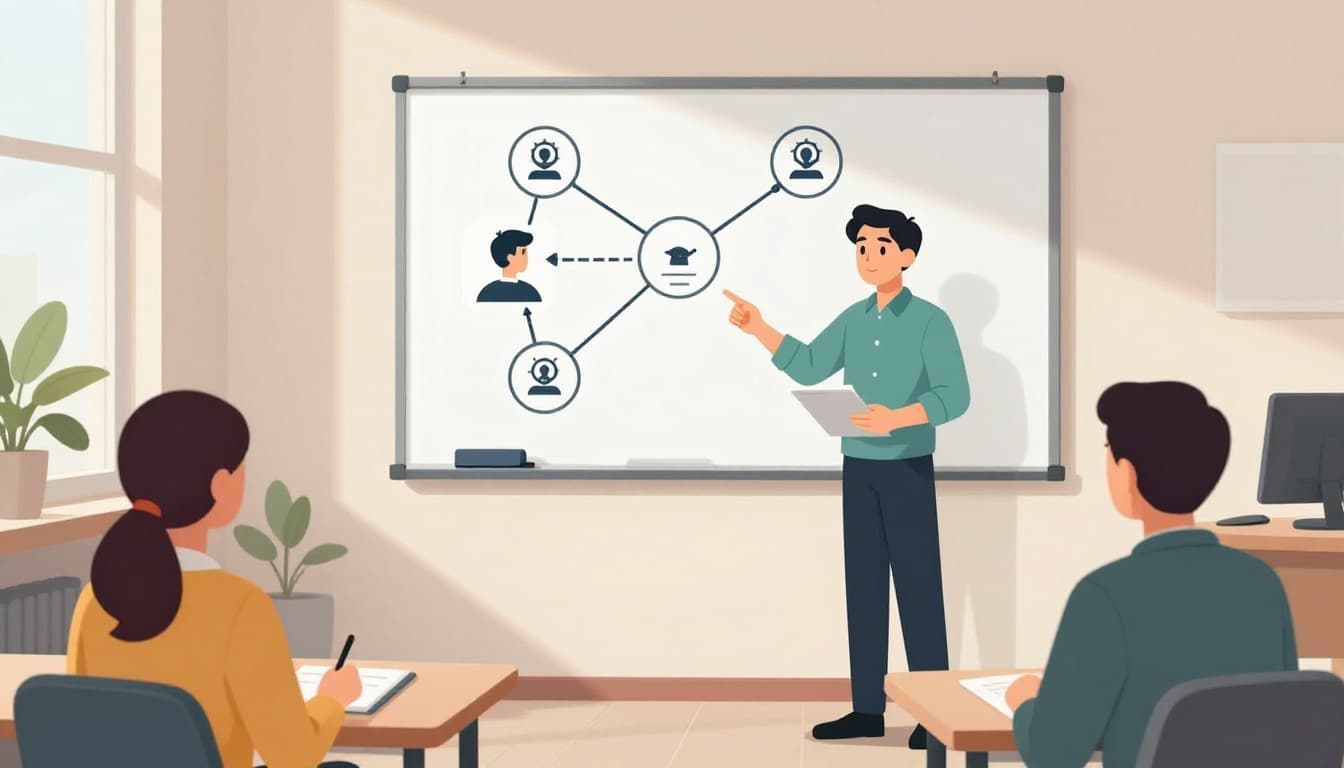 Candidate stands explaining network decoys diagram on whiteboard to two seated interviewers in conference room.