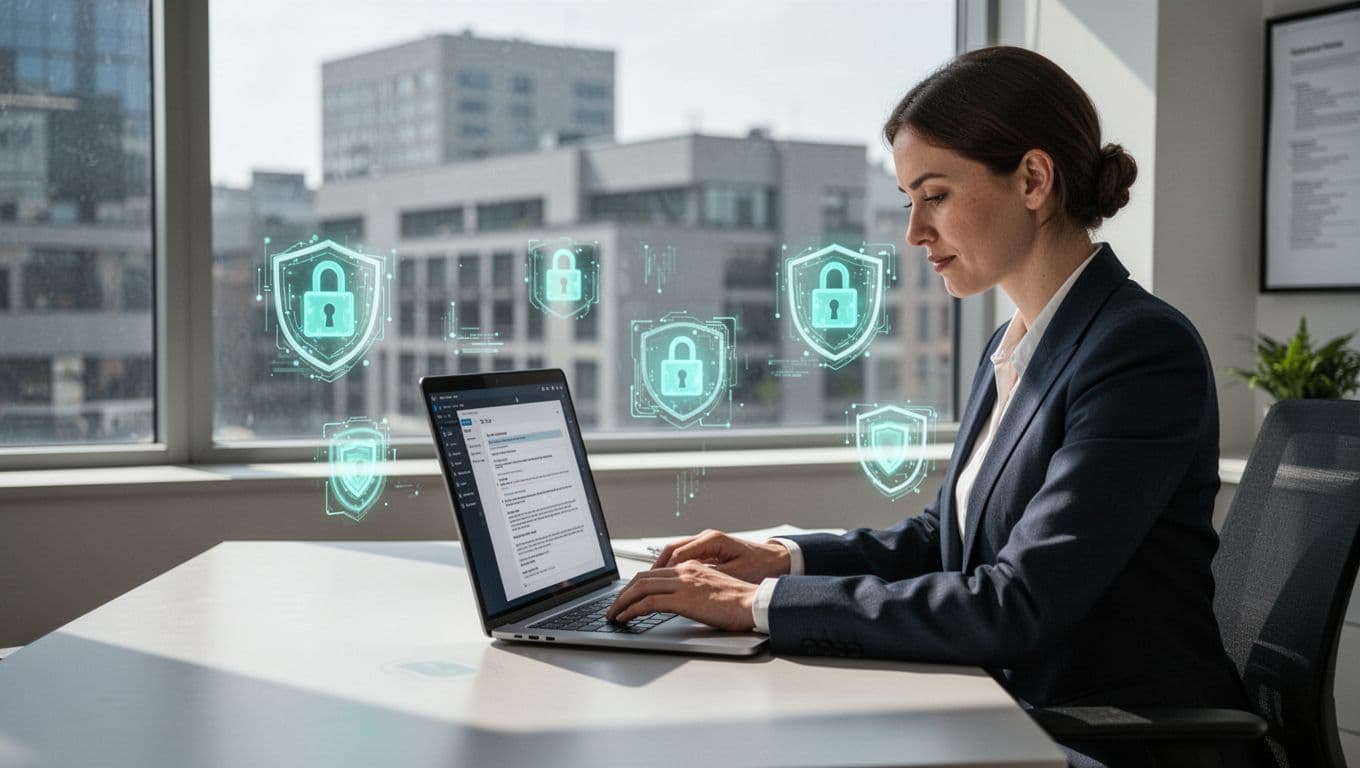 Professional cyber insurance specialist reviews documents on laptop with floating lock and shield icons in office.